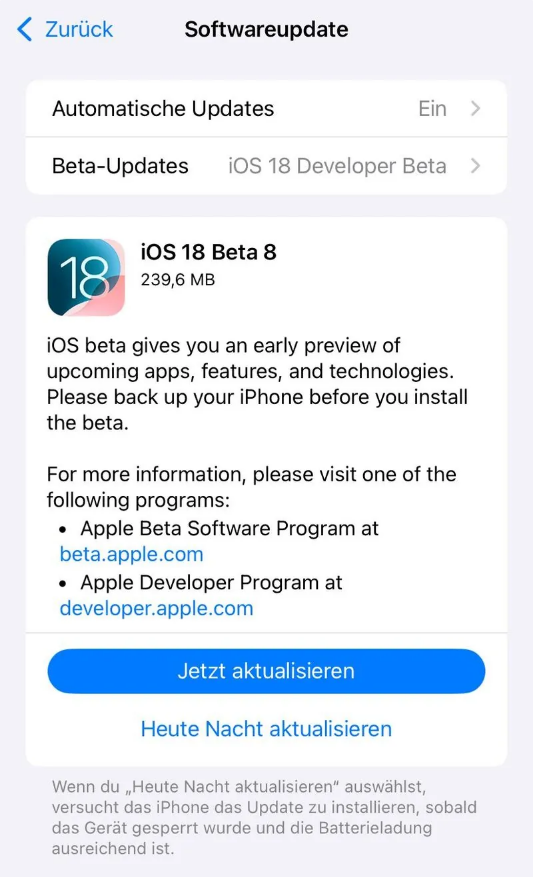 英州镇苹果手机维修分享苹果 iOS / iPadOS 18 开发者预览版 Beta 8 发布 